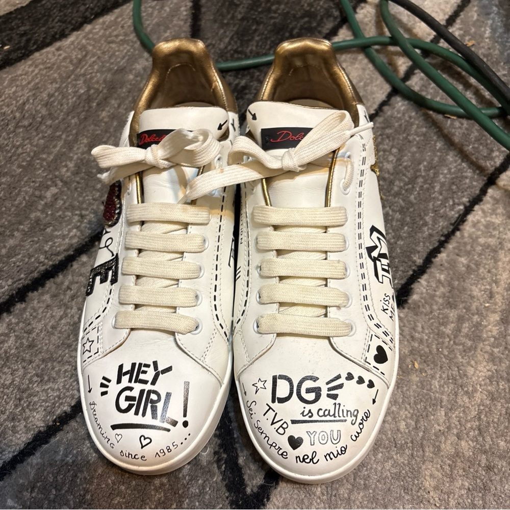Dolce & Gabbana White Graphic Leather Lace-Up Sneakers with Red Heart - Picture 4 of 4